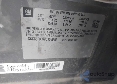 2016 Cadillac Ct6 Luxury из США, поврежденный, VIN 1G6KC5RX4GU158988